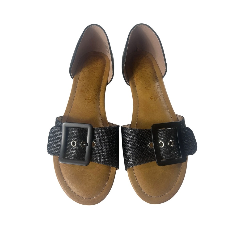 Sugar Champion Black Raffia D'Orsay Buckle Flat Sandals Womens 7.5 M NEW‎